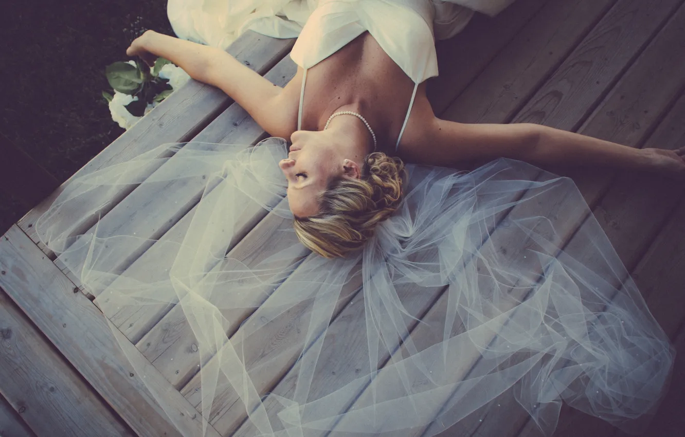 Photo wallpaper dress, lies, veil, wedding, girl. blonde