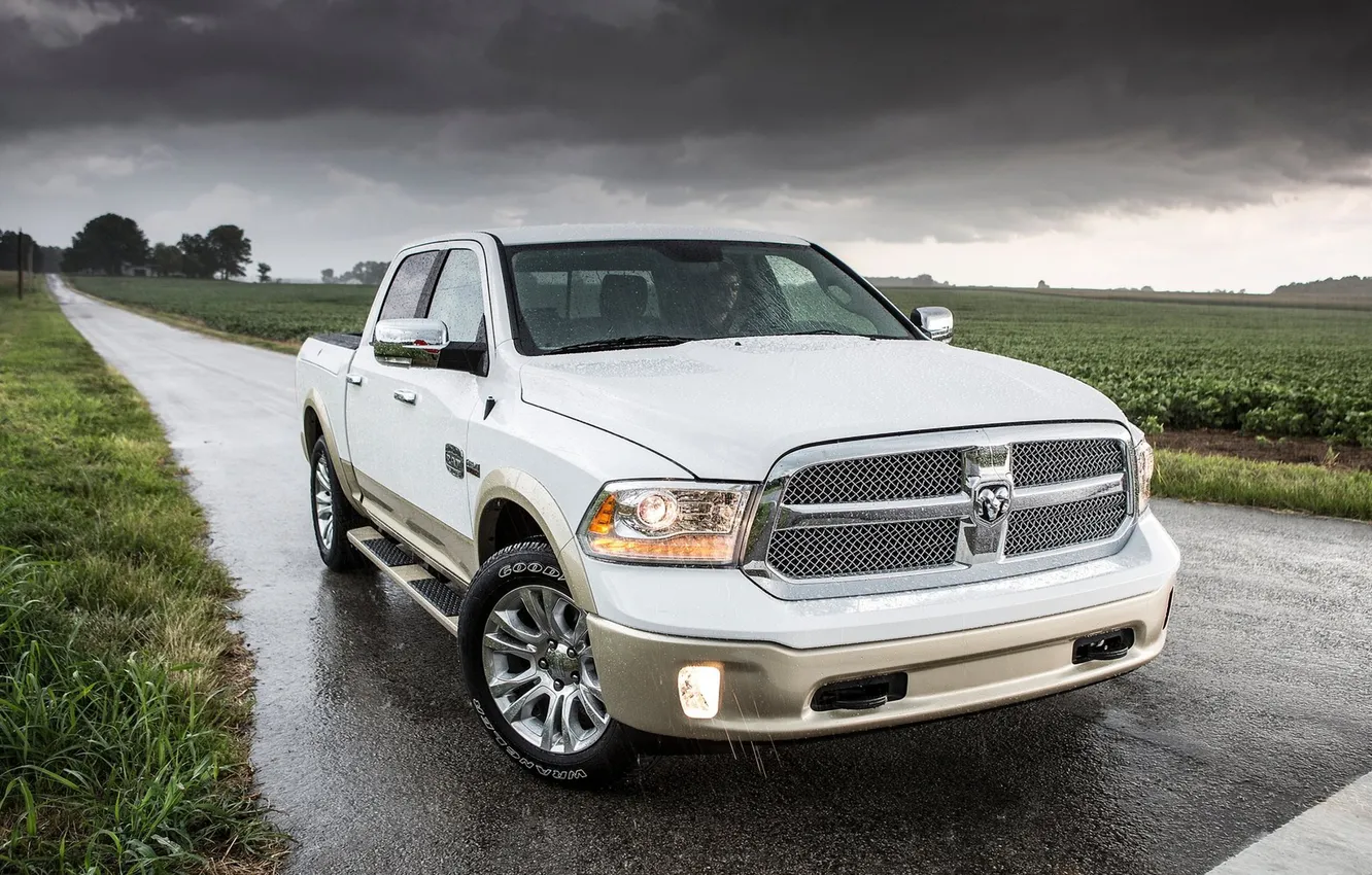 Photo wallpaper Dodge, white, storm, gold, Goodyear, rain, horns, Front