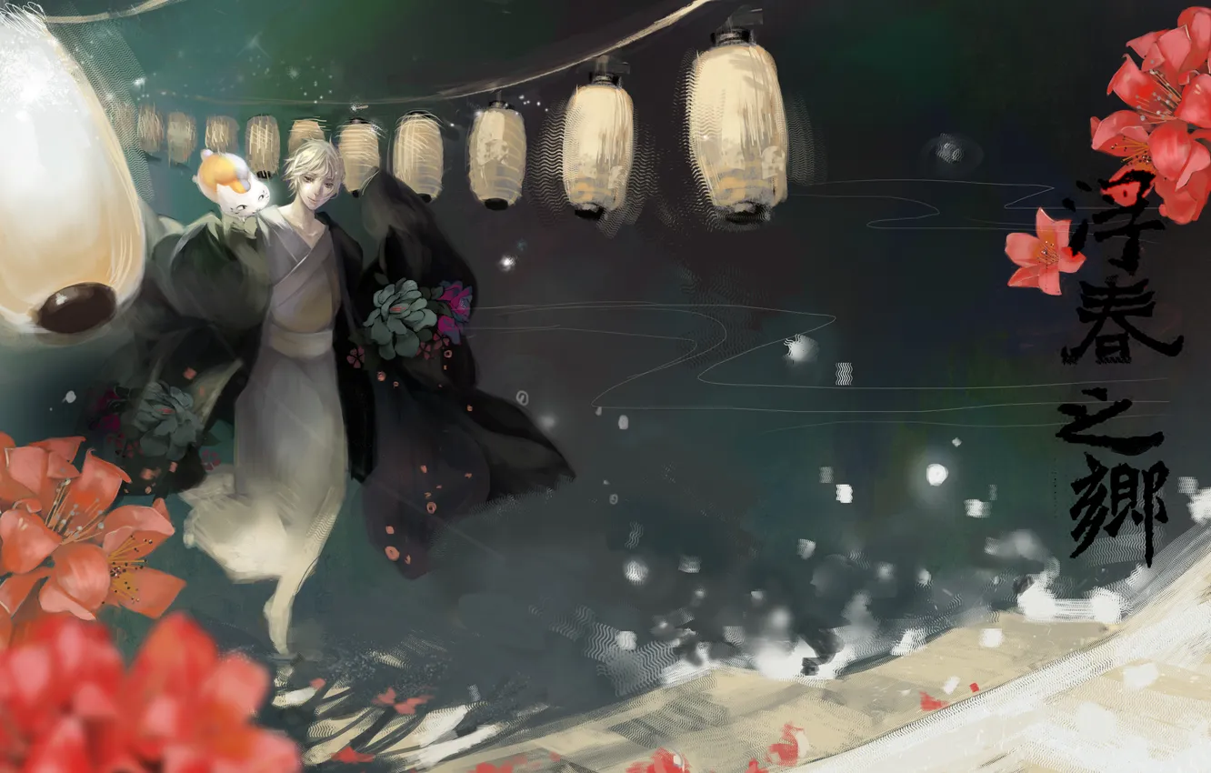 Photo wallpaper cat, flowers, night, guy, kimono, character, lanterns, u-Sensei