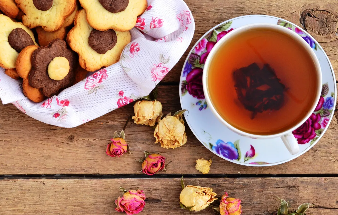 Photo wallpaper tea, roses, cookies