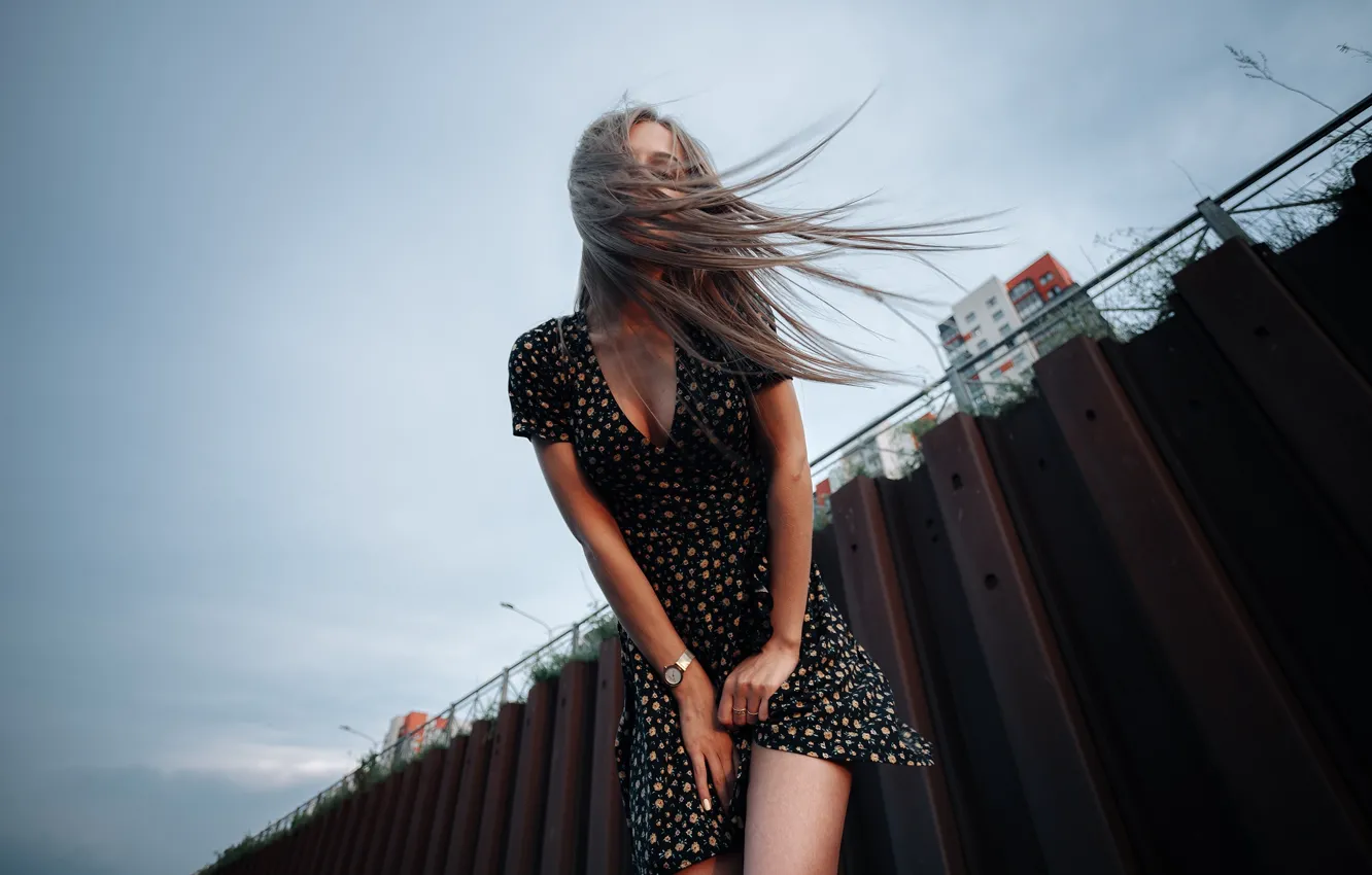 Photo wallpaper sky, long hair, dress, clouds, model, women, brunette, wind
