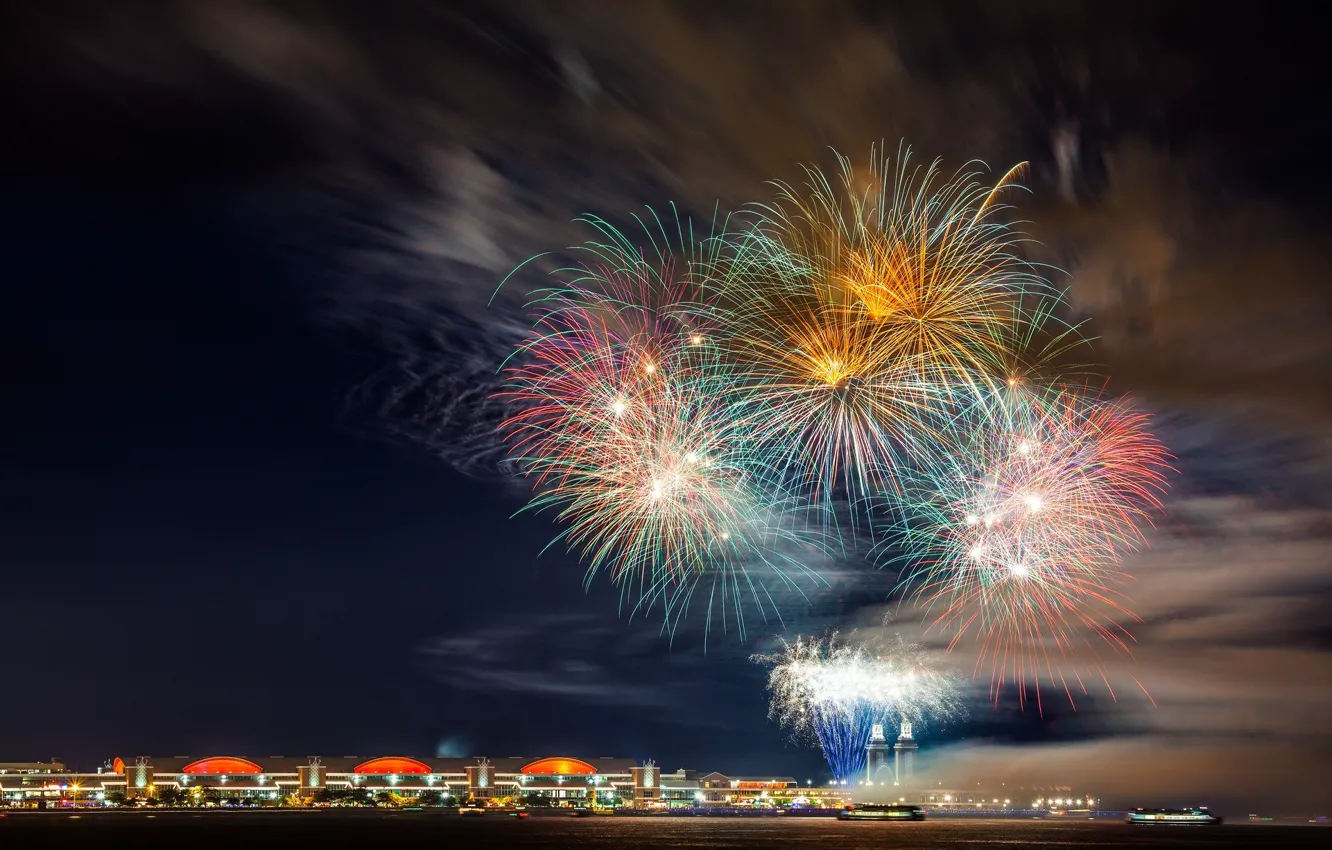 Photo wallpaper the sky, the explosion, night, the city, lights, flash, salute