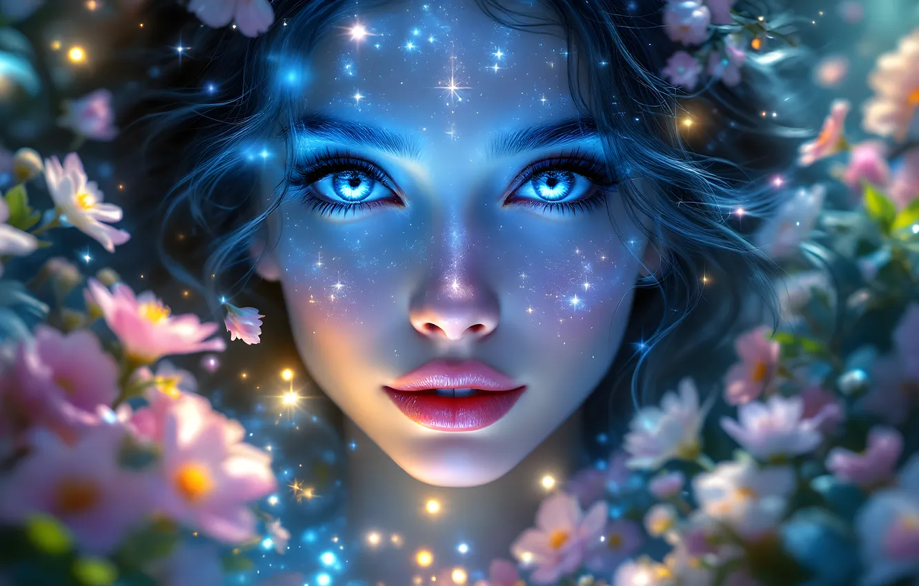 Photo wallpaper girl, flowers, face, lights, portrait, fairy, fantasy, blue eyes