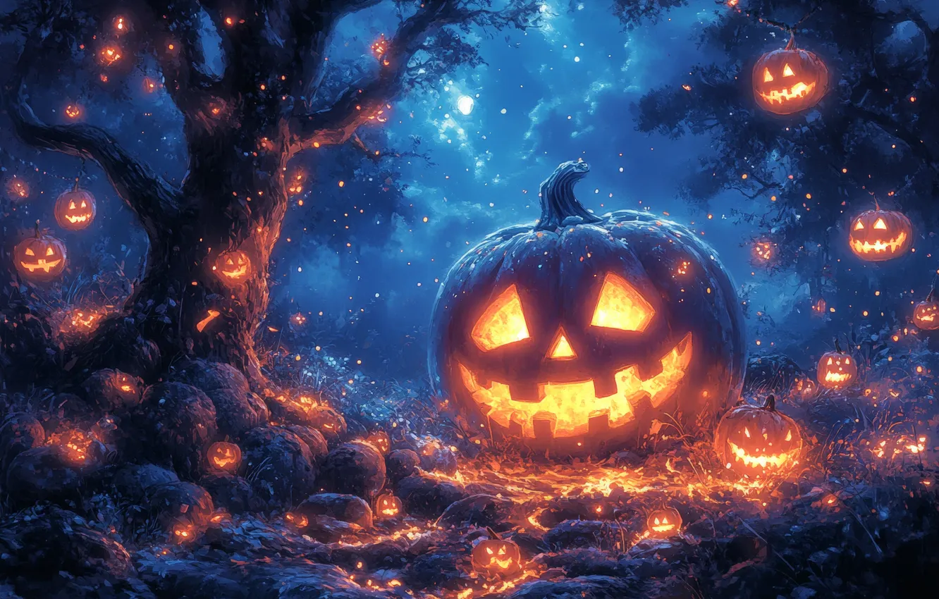 Photo wallpaper clouds, trees, night, the moon, Halloween, pumpkin, Halloween, horror