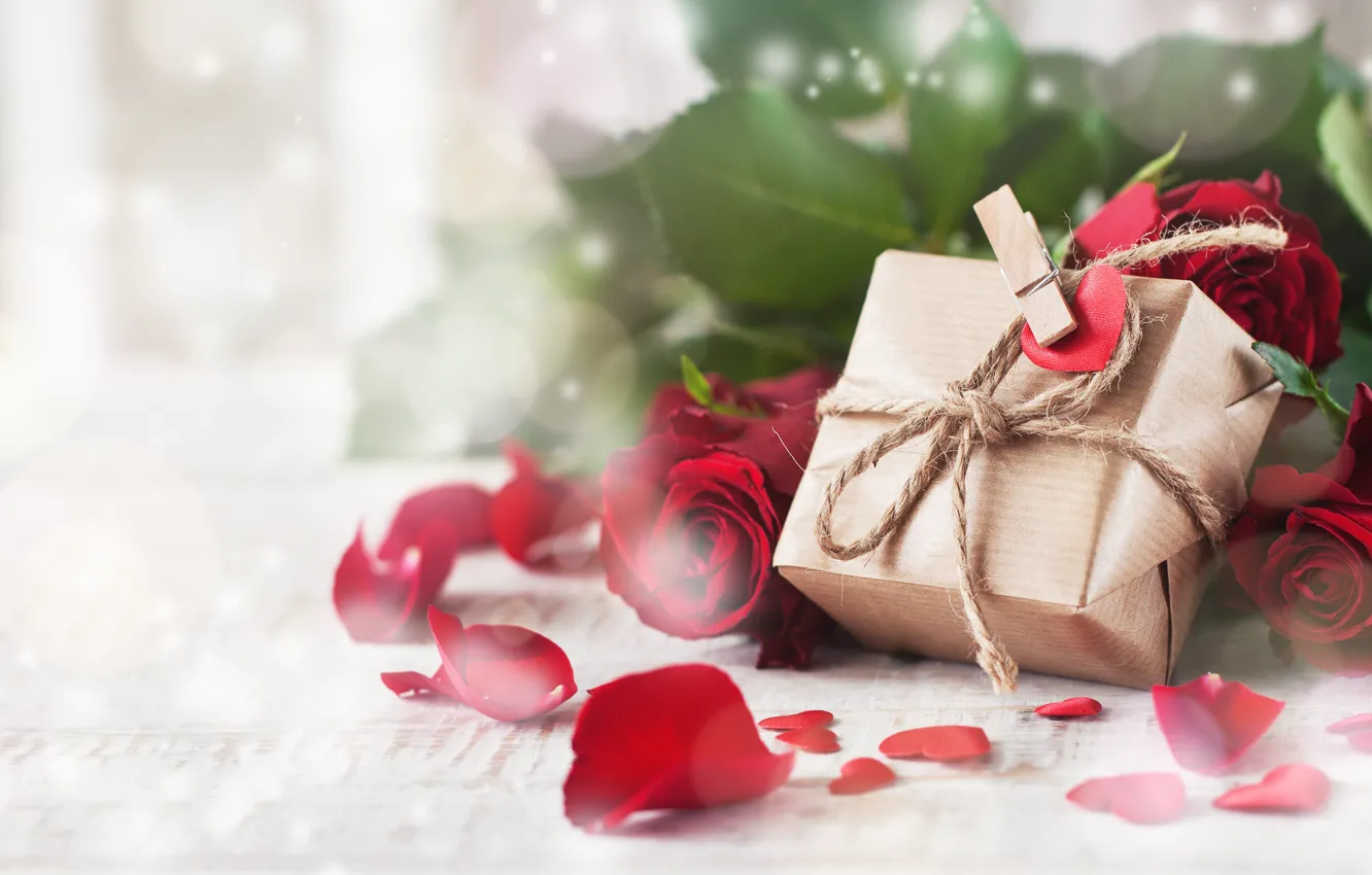 Photo wallpaper leaves, love, flowers, red, fog, table, holiday, box