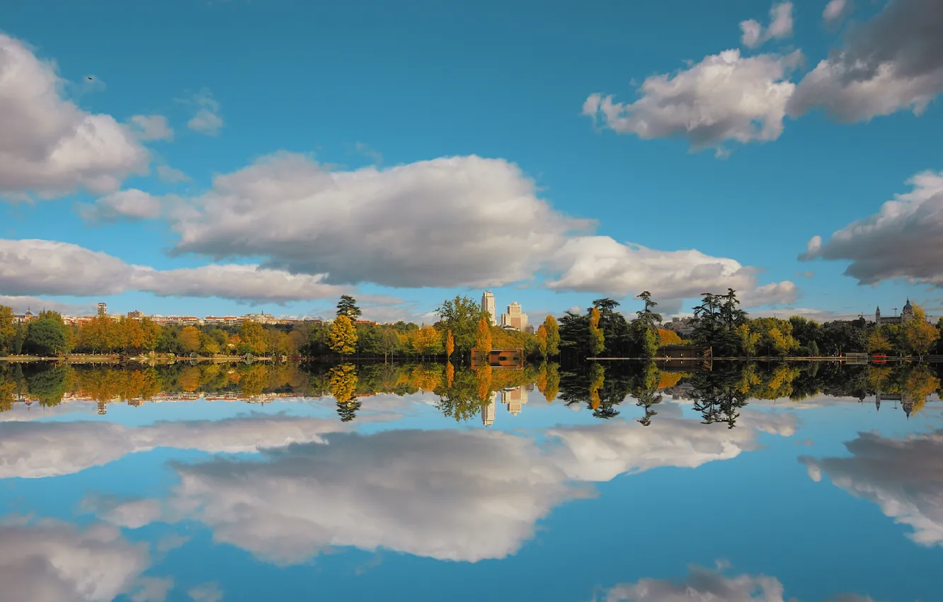 Photo wallpaper autumn, the sky, clouds, reflection, trees, nature, lake, sky