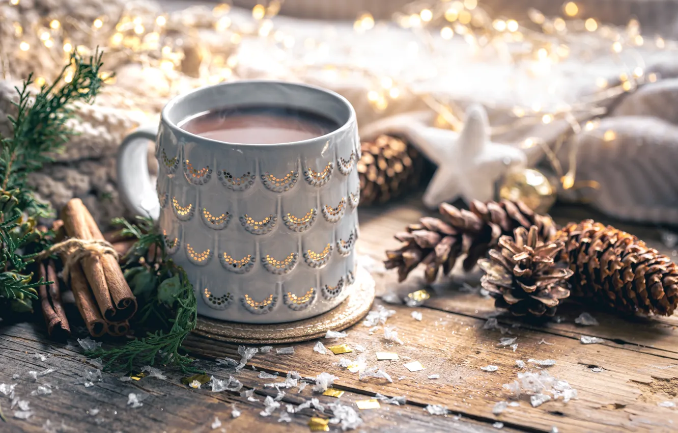 Photo wallpaper light, branches, comfort, holiday, Board, new year, Christmas, mug
