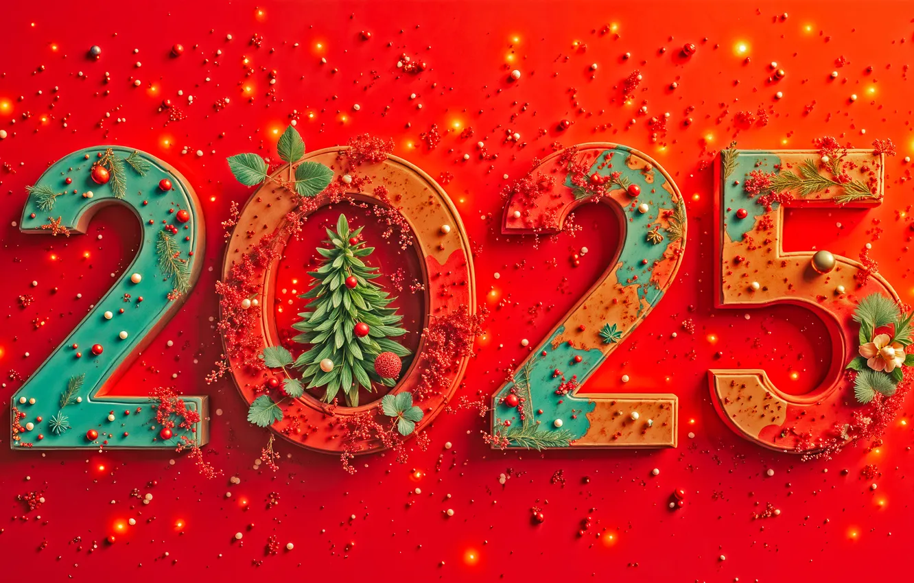 Photo wallpaper balls, red, green, new year, figures, herringbone, beads, red background