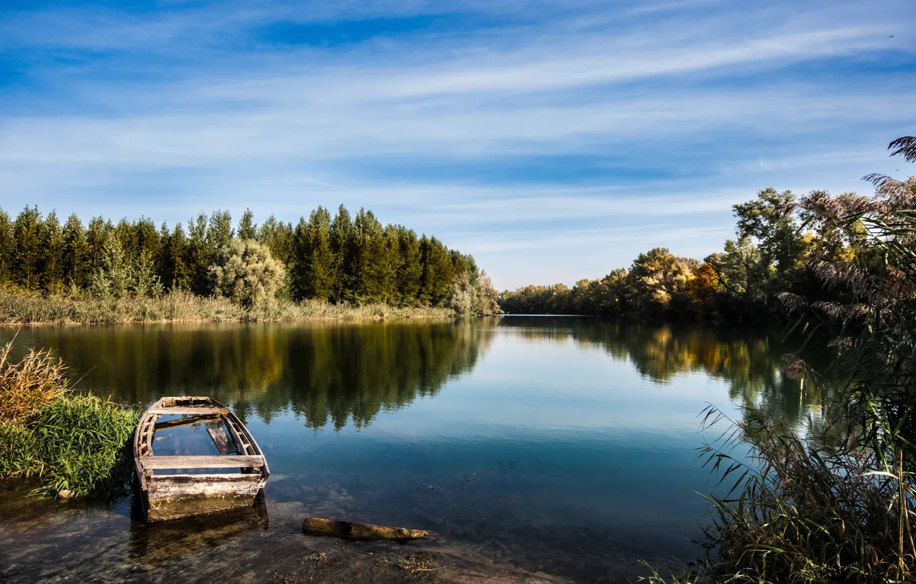 Photo wallpaper the sky, trees, landscape, nature, lake, river, boat