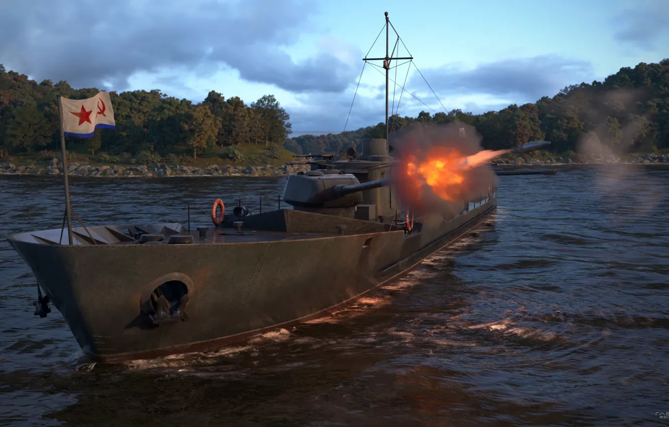 Photo wallpaper lights, shore, ship, mast, project 186 soviet armored gunboat