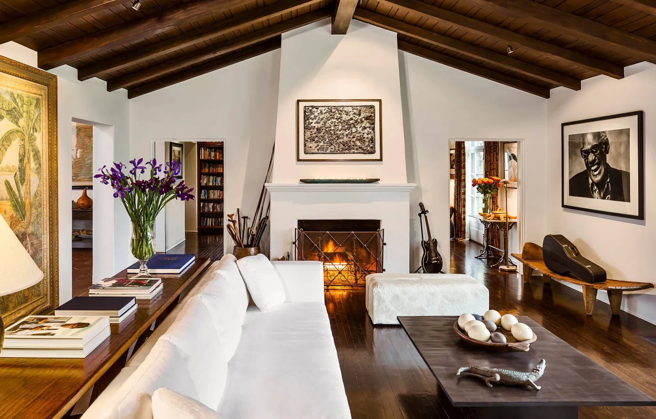 Photo wallpaper design, style, interior, fireplace, living room, by Allen Construction, Spanish colonial revival hacienda, Spanish Colonial …