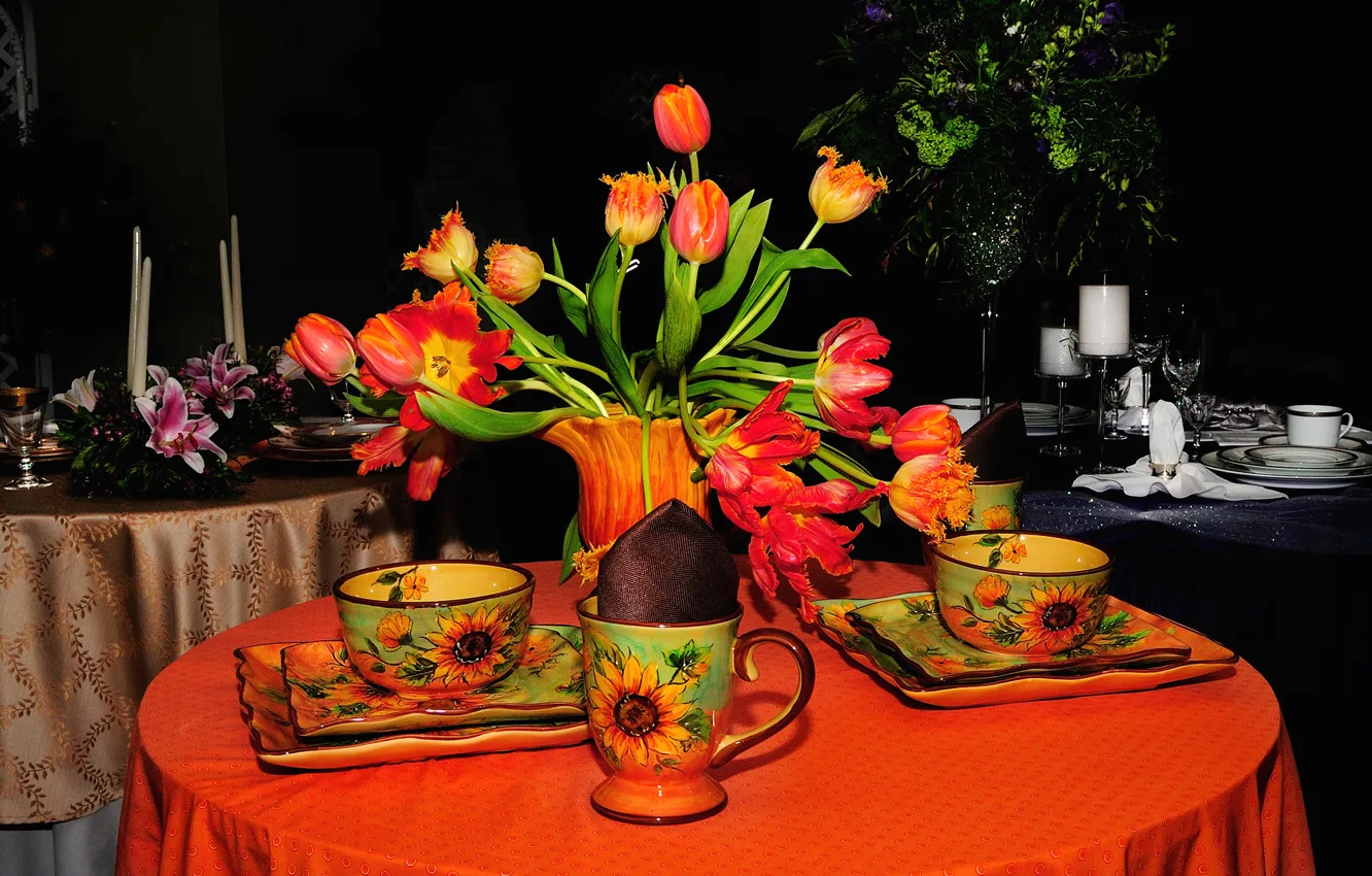 Photo wallpaper flowers, table, bouquet, plate, Cup, tulips, still life, set