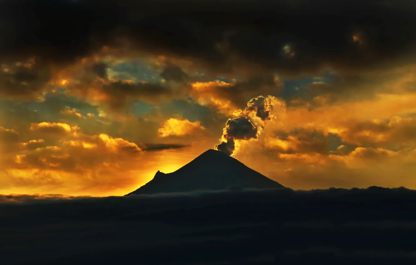 Photo wallpaper the sky, clouds, mountains, dawn, the volcano