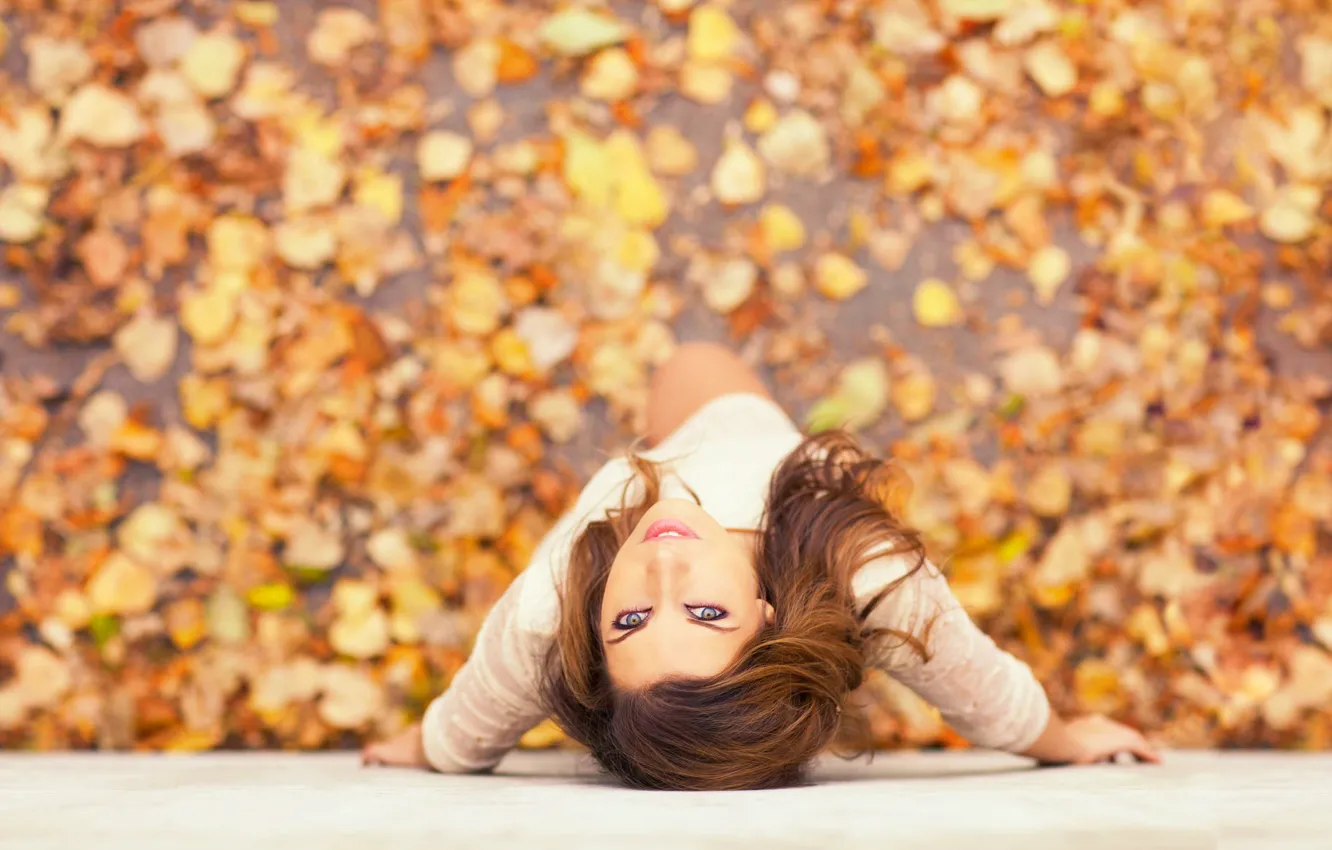 Photo wallpaper autumn, look, girl, portrait, bottom, bokeh