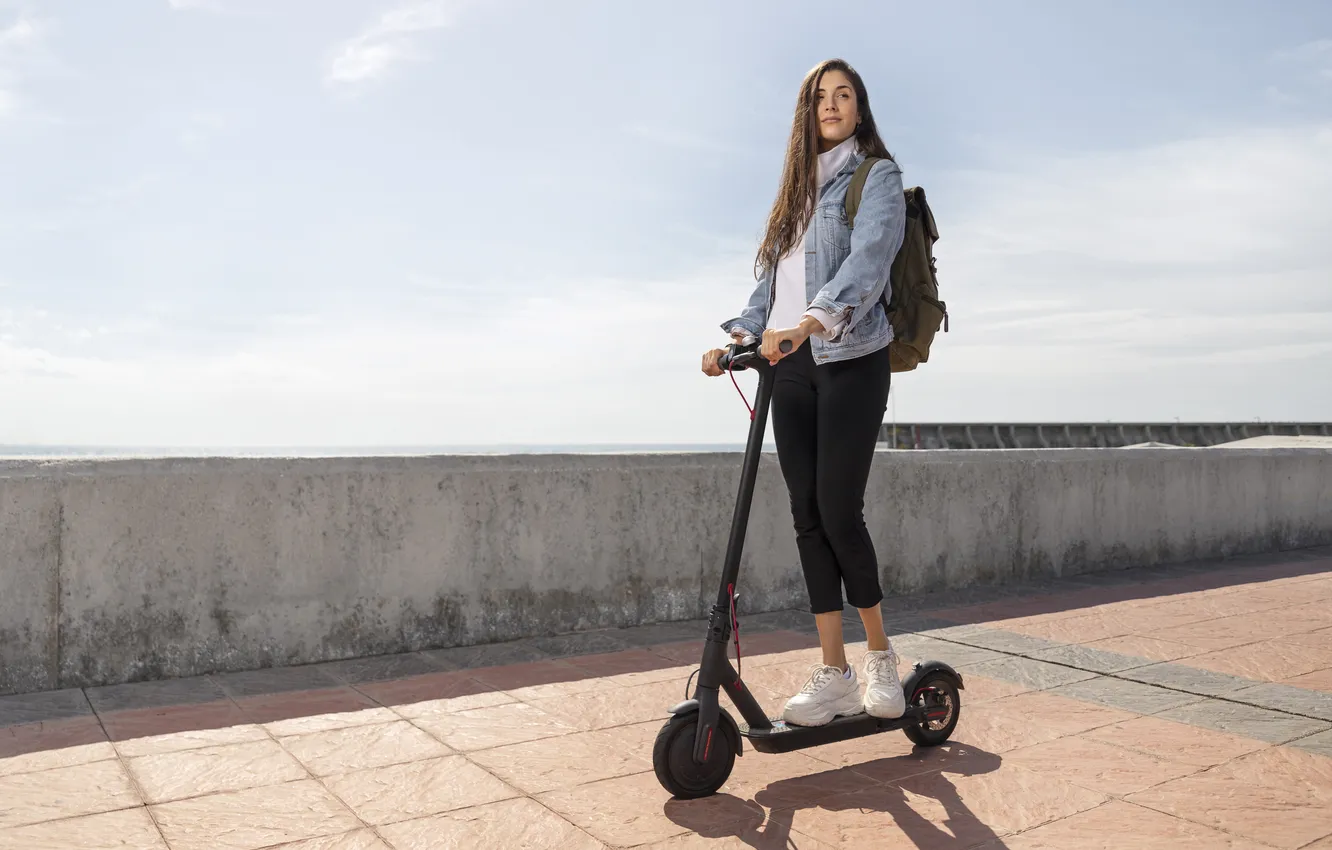Photo wallpaper woman, young, outdoors, scooter