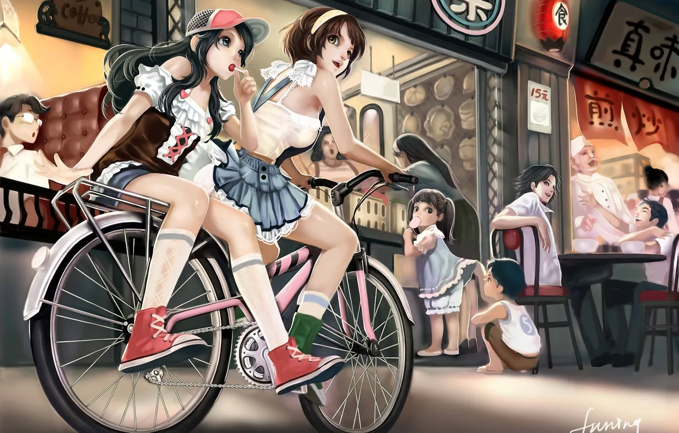 Photo wallpaper bike, girls, art, cafe, cap, Lollipop, candy