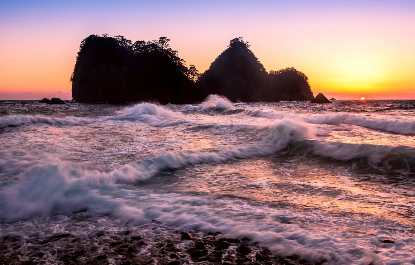 Photo wallpaper sea, wave, the sun, sunset, rocks