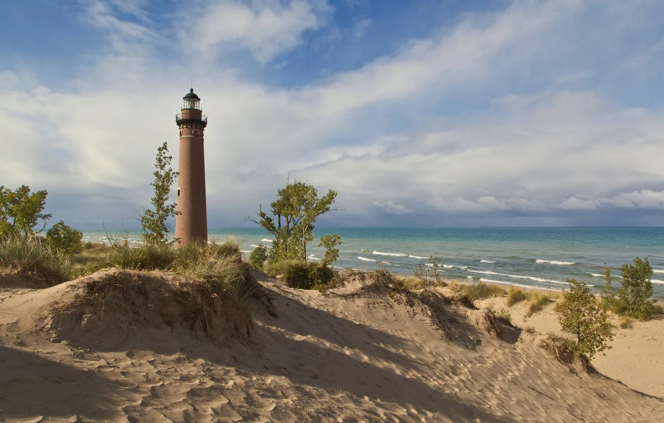Photo wallpaper sand, sea, the sky, clouds, shore, lighthouse