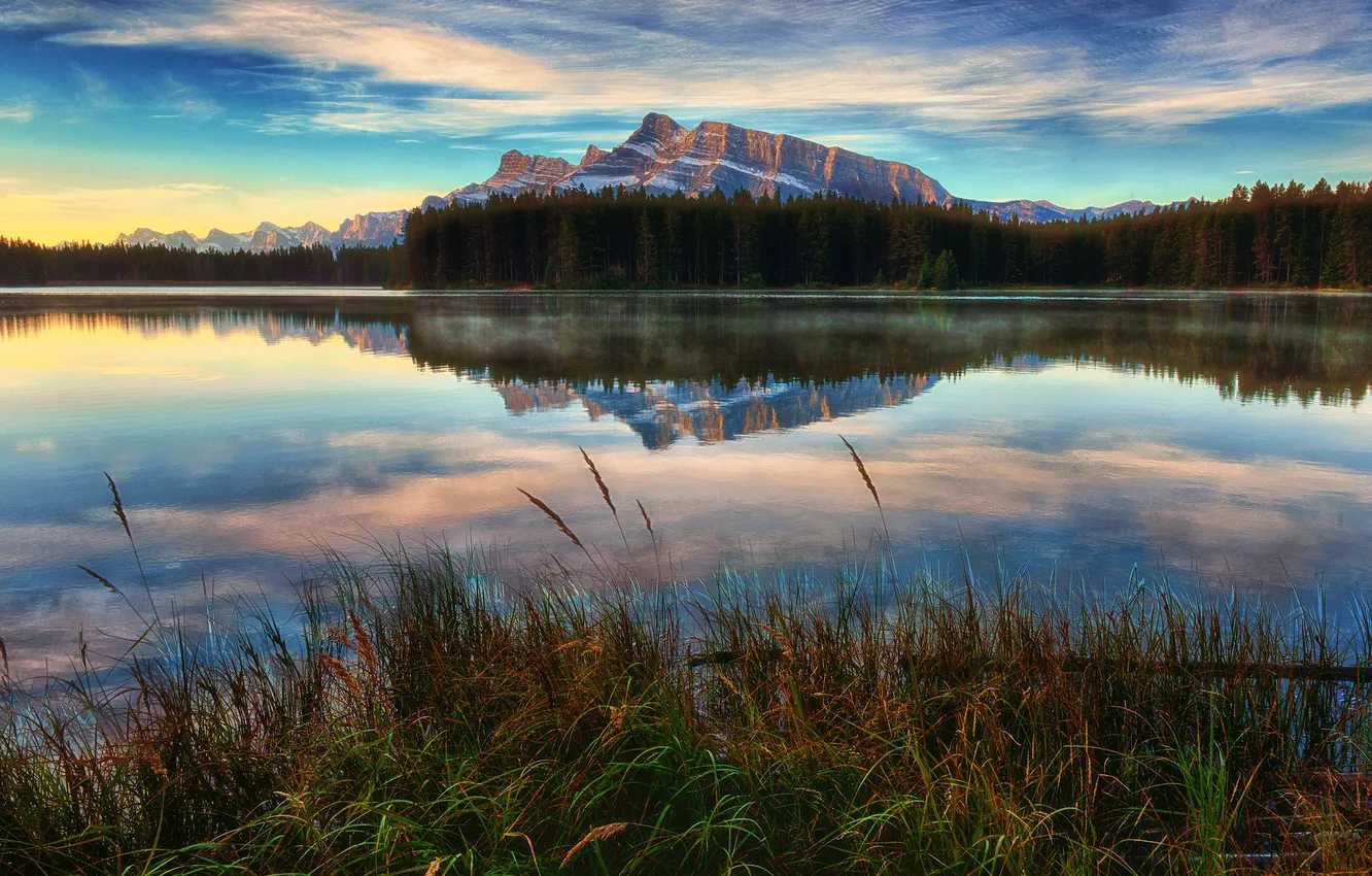 Photo wallpaper grass, lake, reflection, mountain, Break of Dawn at Two Jack