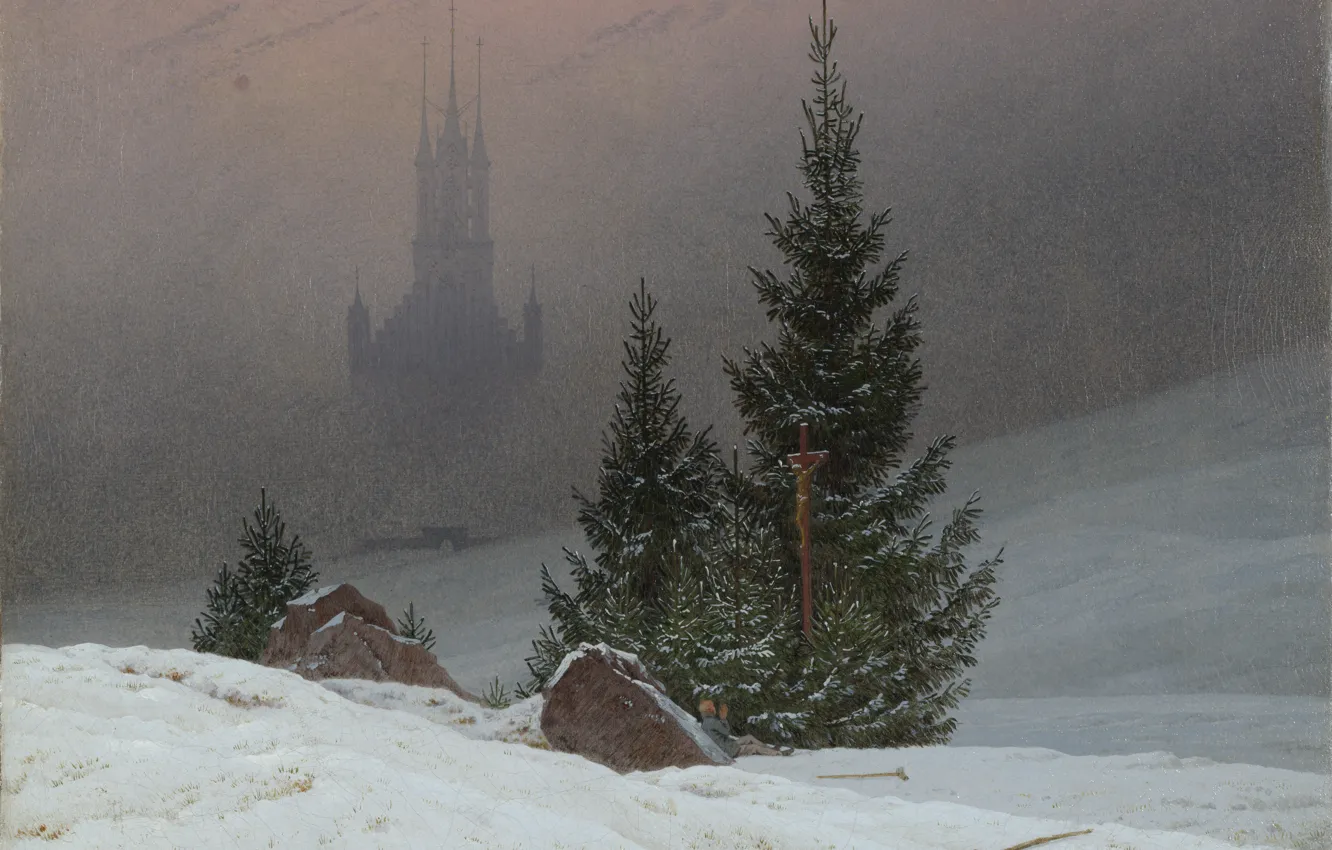 Photo wallpaper snow, castle, Christmas, spruce, picture, haze, winter landscape, Caspar David Friedrich