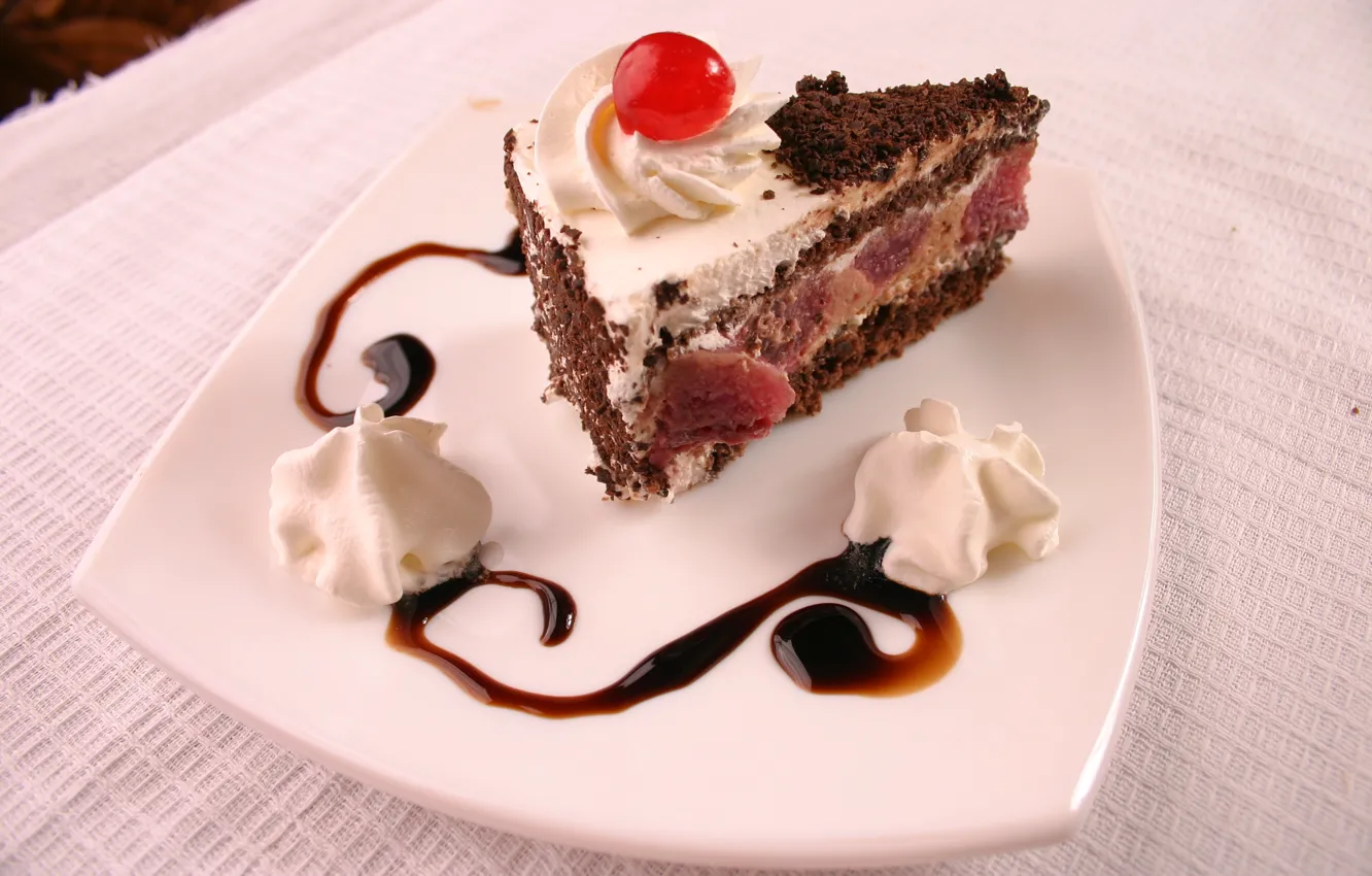 Photo wallpaper cherry, table, pink, food, chocolate, plate, cake, cream