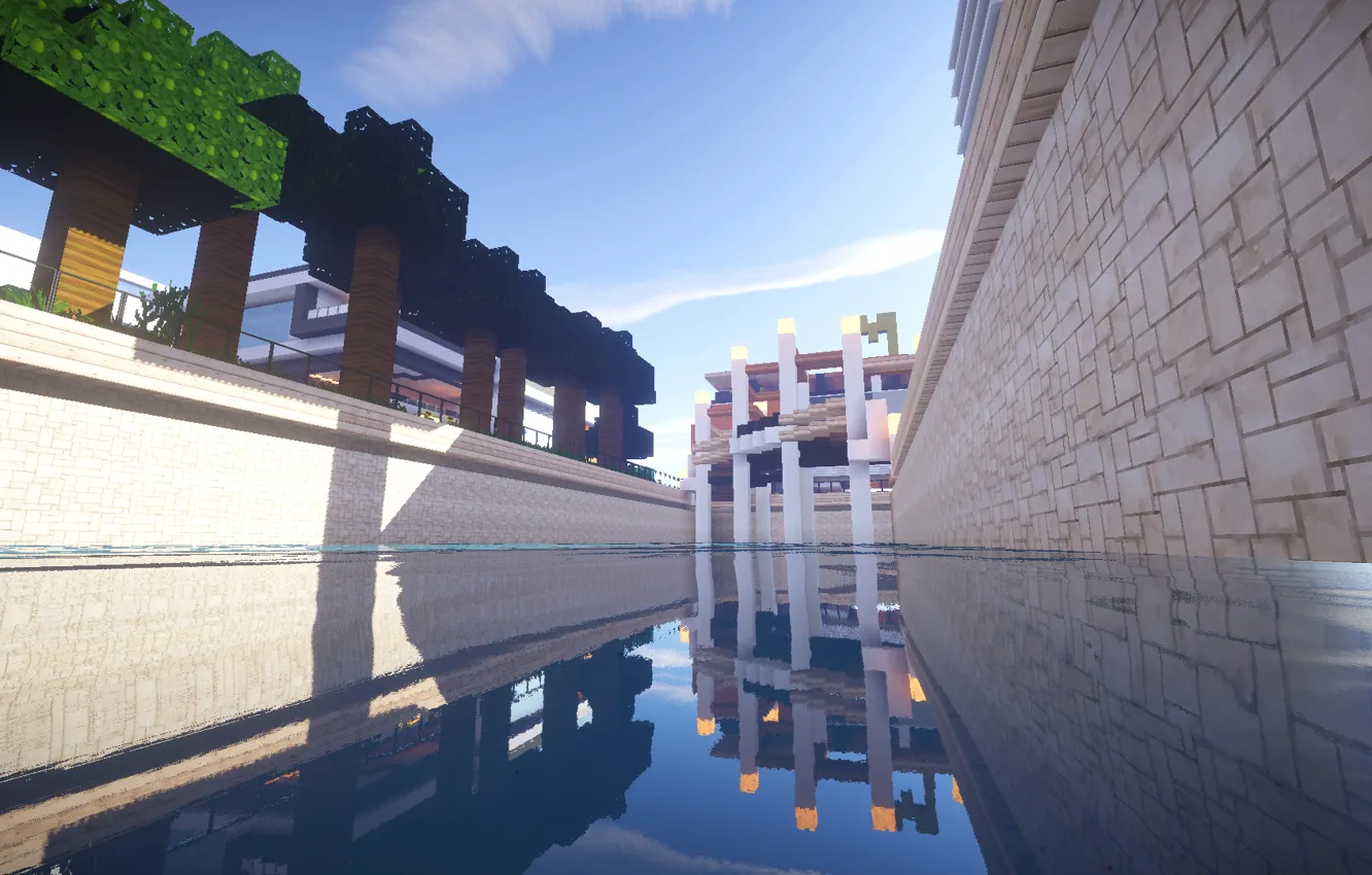 Photo wallpaper The sky, Water, Reflection, The building, Minecraft