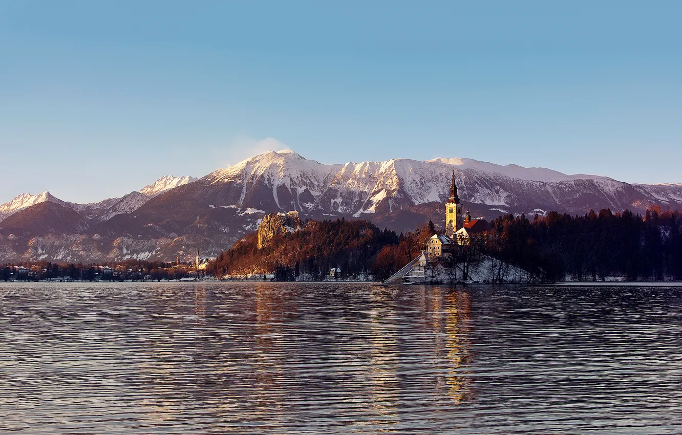 Photo wallpaper winter, forest, snow, mountains, lake, castle, tower, ruffle