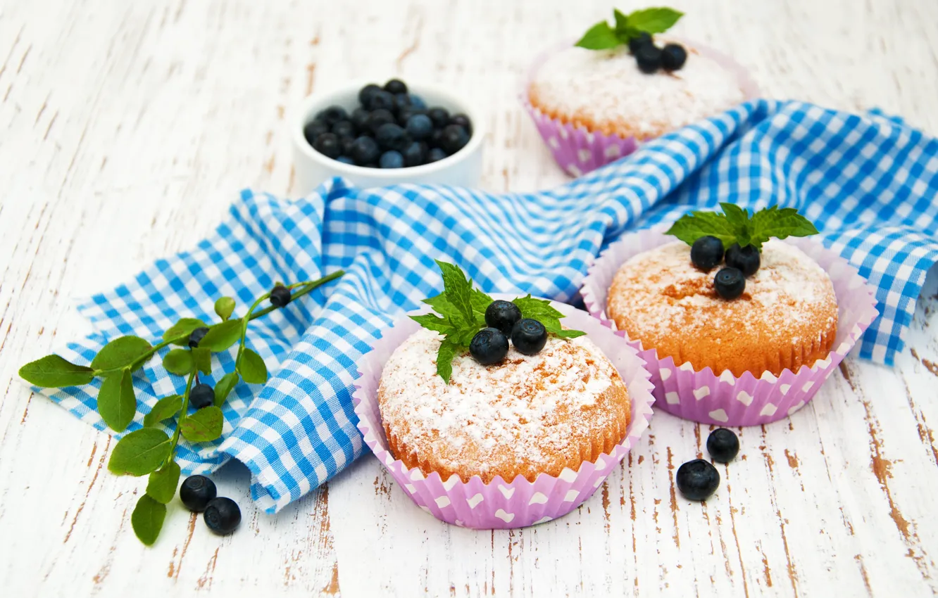 Photo wallpaper towel, blueberries, powdered sugar, muffins, Olena Rudo