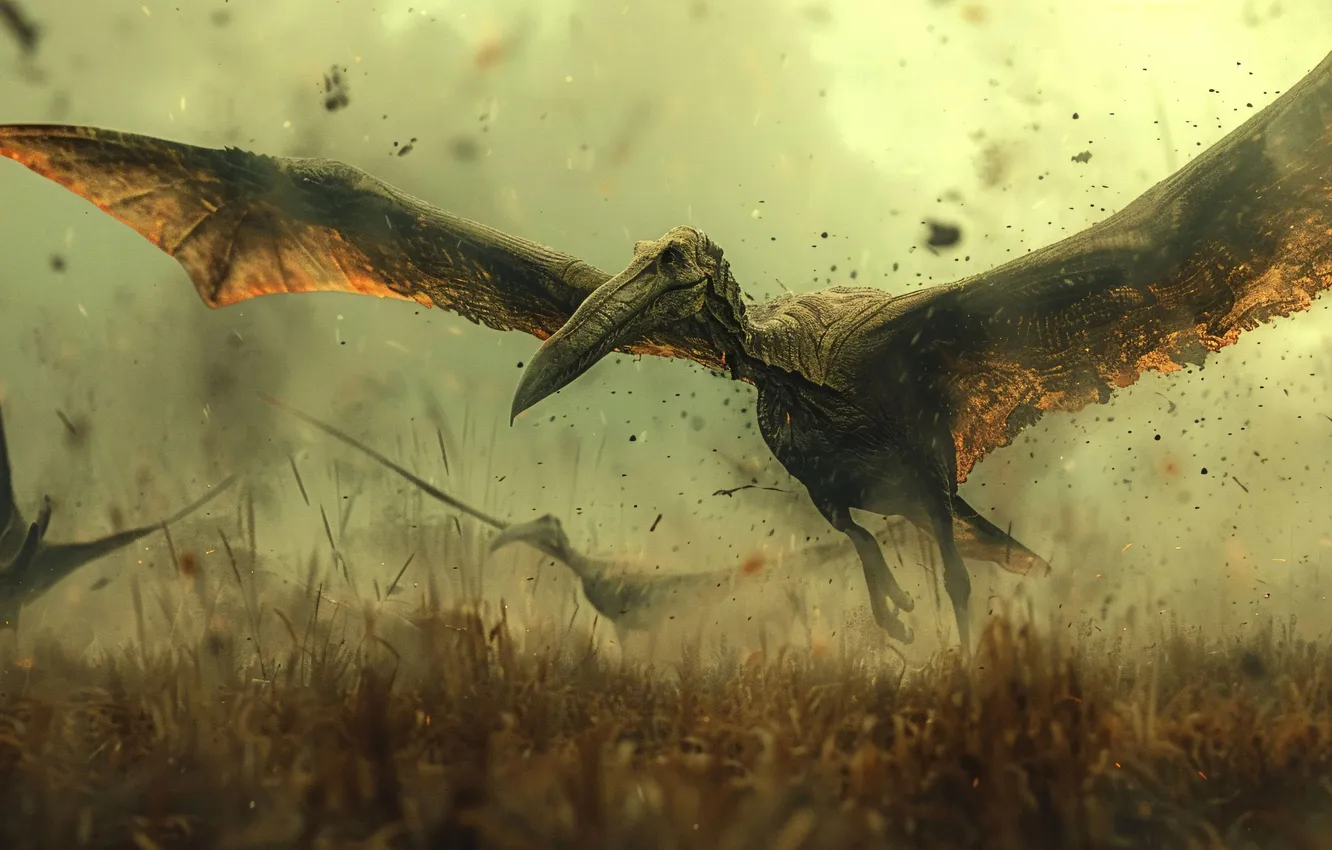 Photo wallpaper grass, animal, wings, dinosaur, pterodactyl, digital art, Ancient animals, Extinct animals