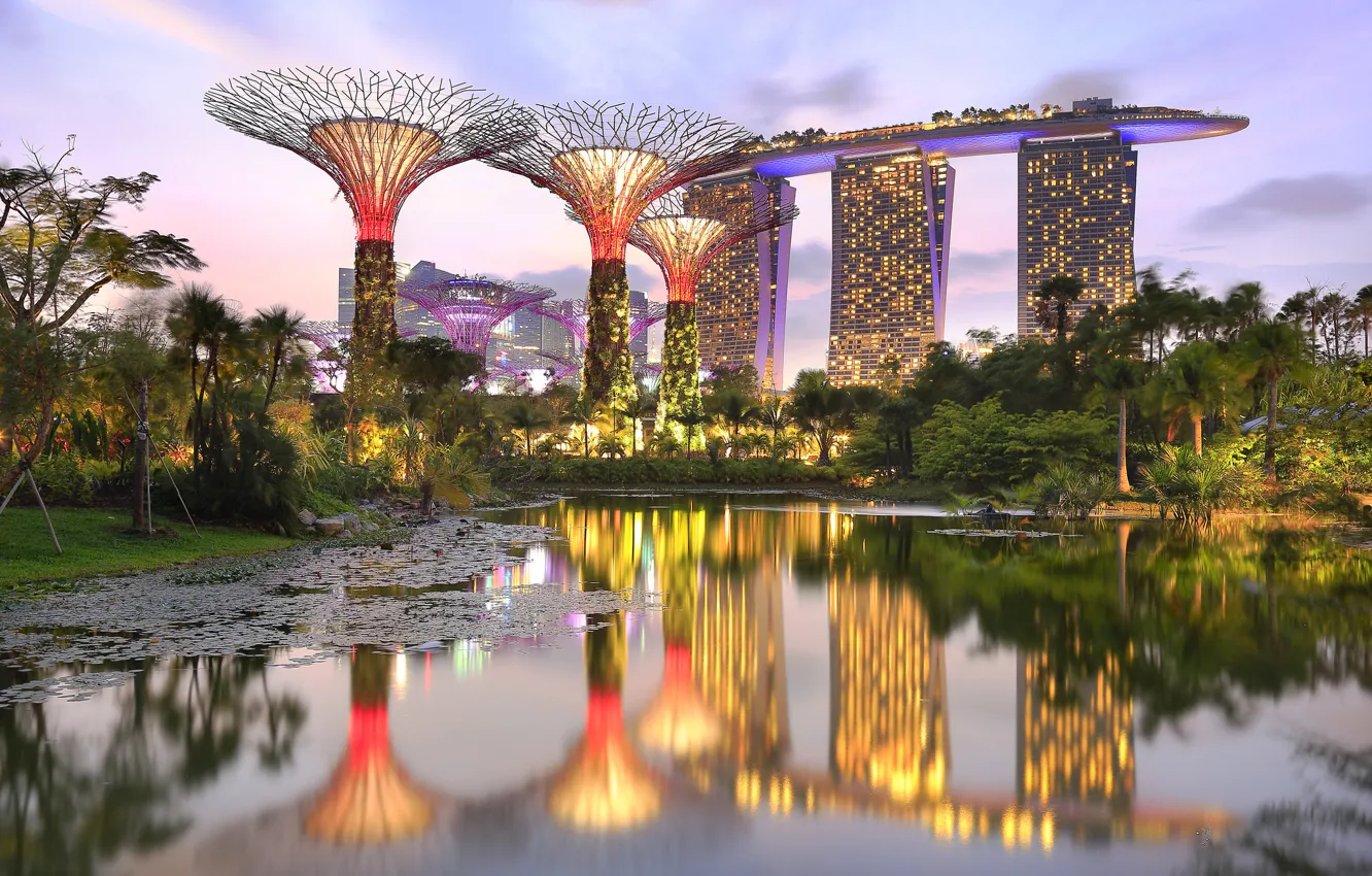Photo wallpaper pond, Park, Singapore, the hotel, Singapore, Gardens By the Bay, Marina Bay Sands, parks