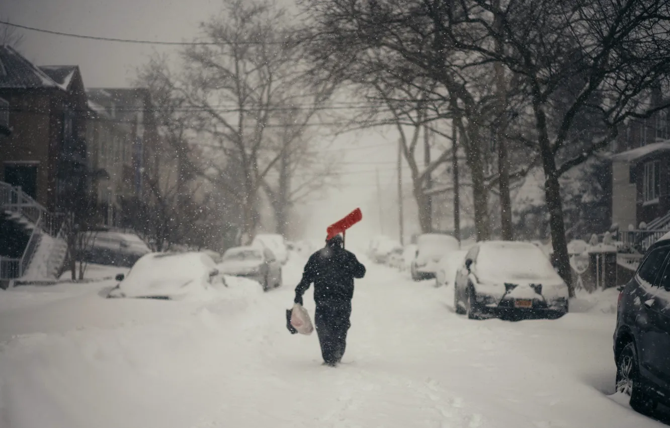 Photo wallpaper winter, man, walking, snowing