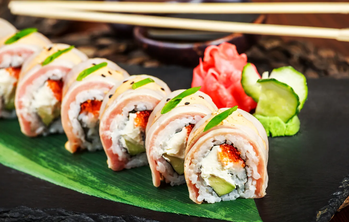 Photo wallpaper sticks, figure, caviar, sushi, seafood