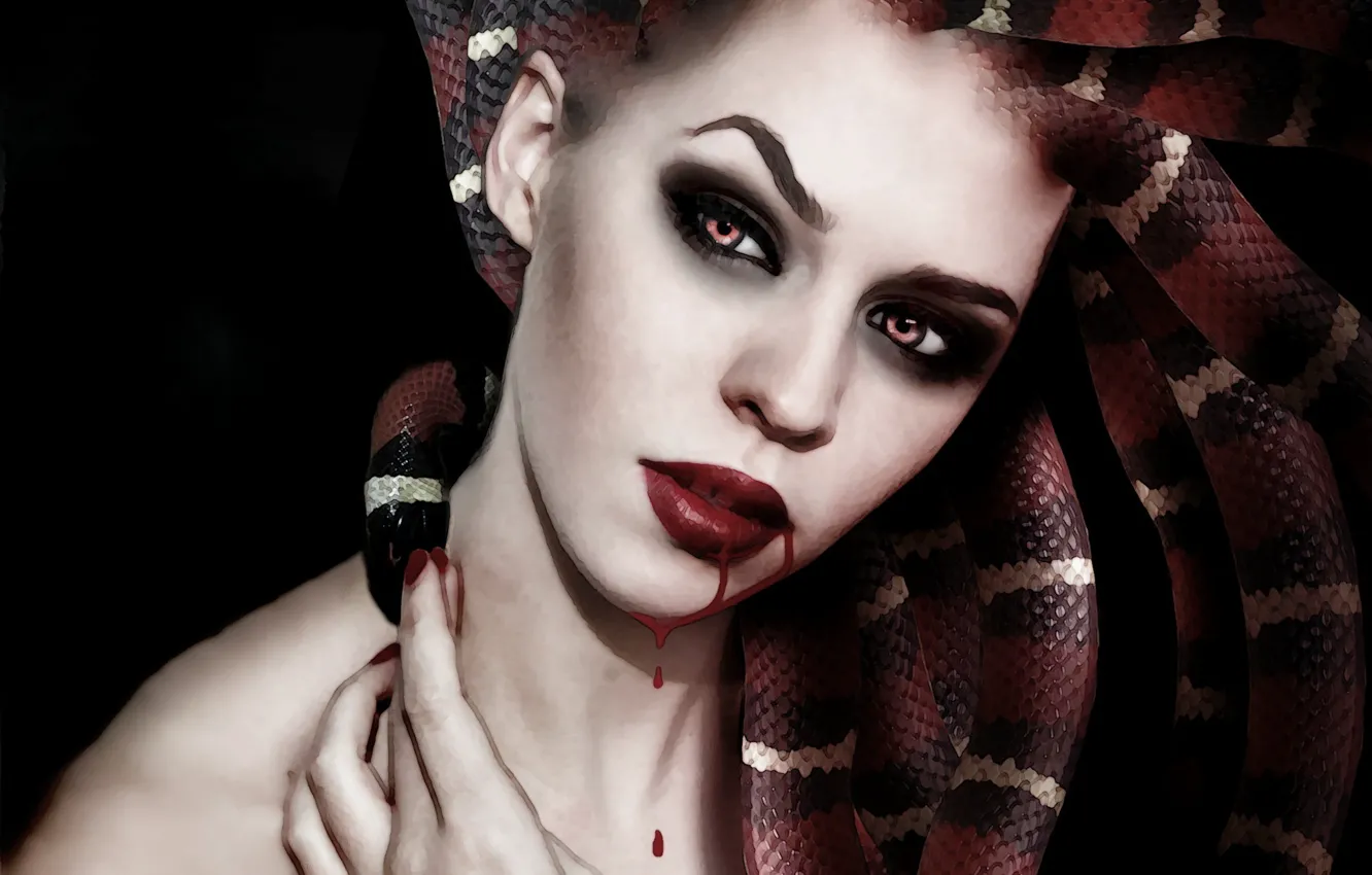 Photo wallpaper snakes, girl, face, background, blood, makeup, art, Medusa
