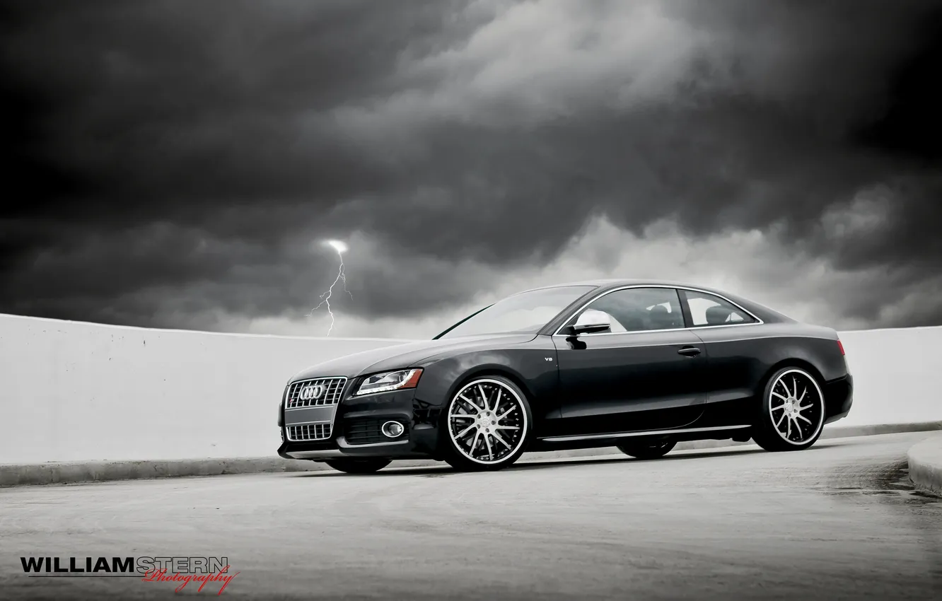 Photo wallpaper the sky, clouds, grey, Audi, Audi, lightning, coupe, Parking