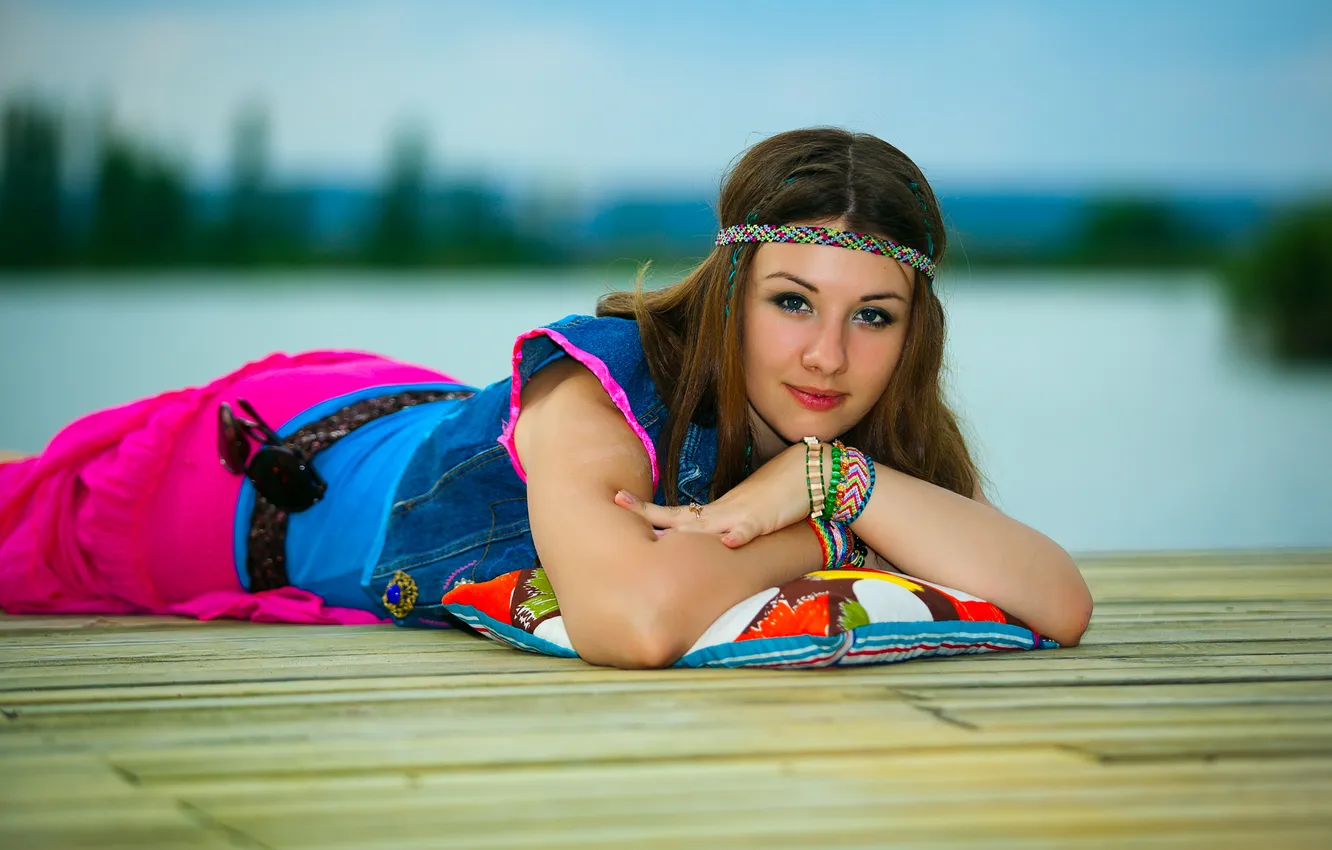 Photo wallpaper look, girl, background, pillow