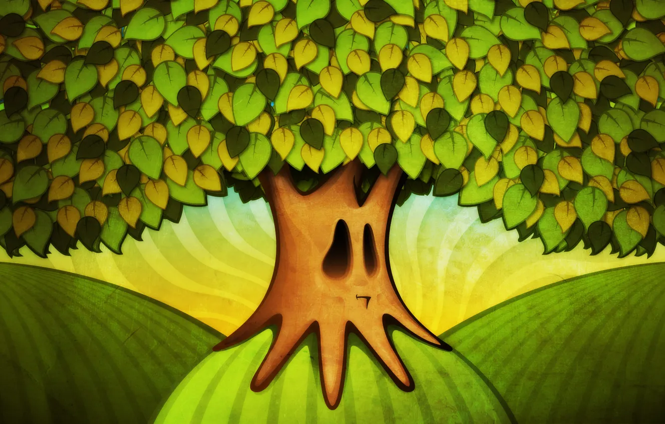 Photo wallpaper leaves, trees, branches, face, roots, hills, figure