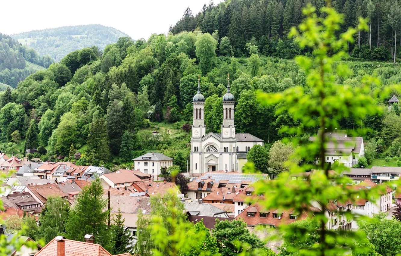 Photo wallpaper greens, trees, mountains, the city, building, home, Germany, Church