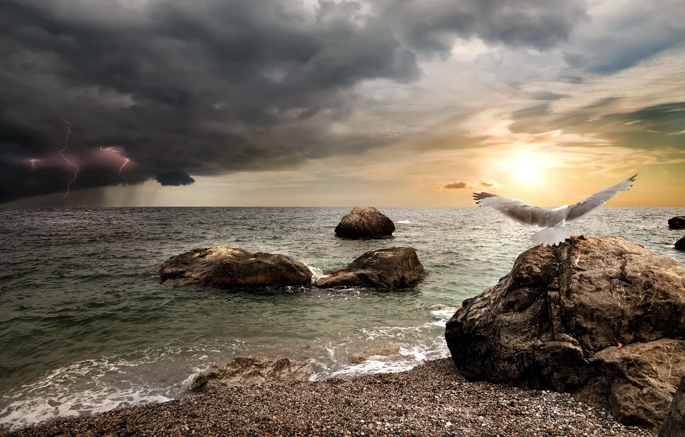 Photo wallpaper sea, sunset, beach, sky, sea, sunset, wave