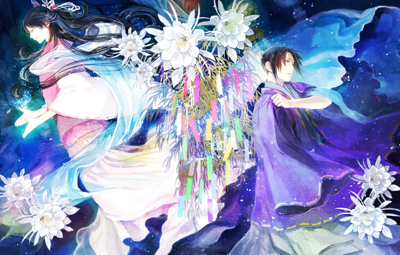 Photo wallpaper leaves, flowers, Lotus, guy, goddess, Altair, Orihime, Hikoboshi