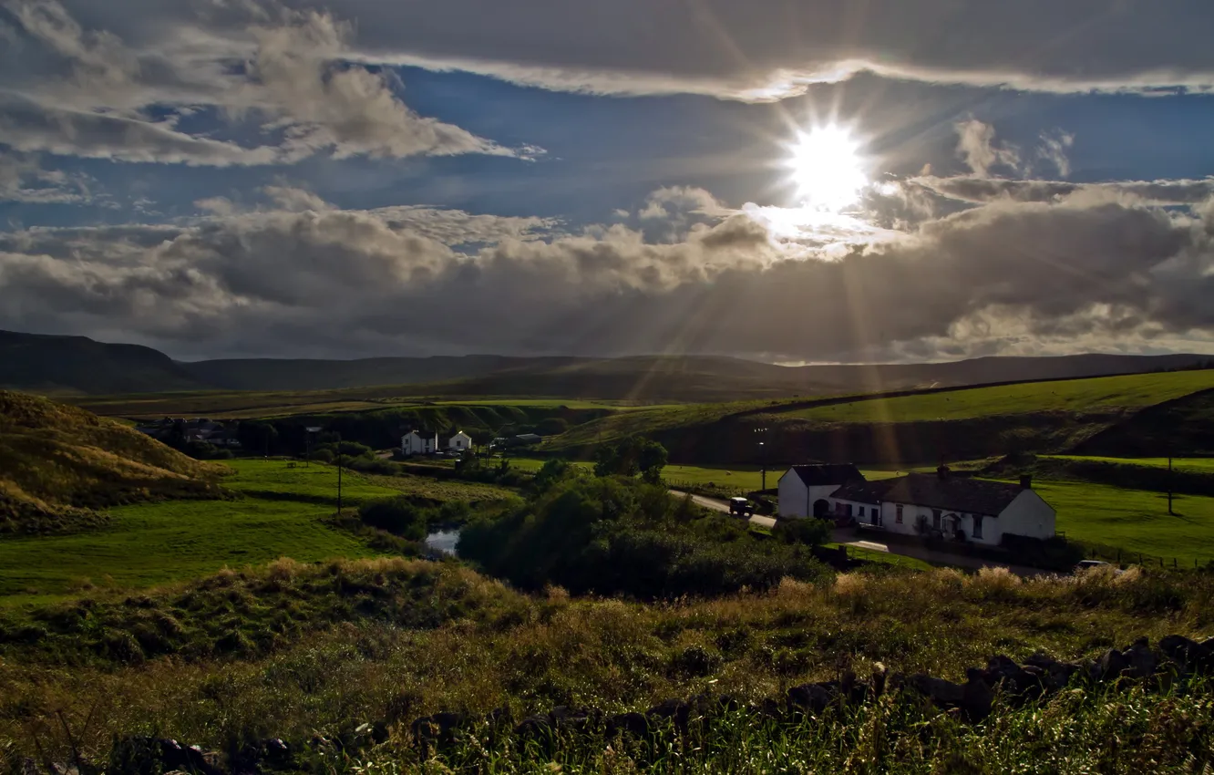 Photo wallpaper road, field, landscape, sunset, home