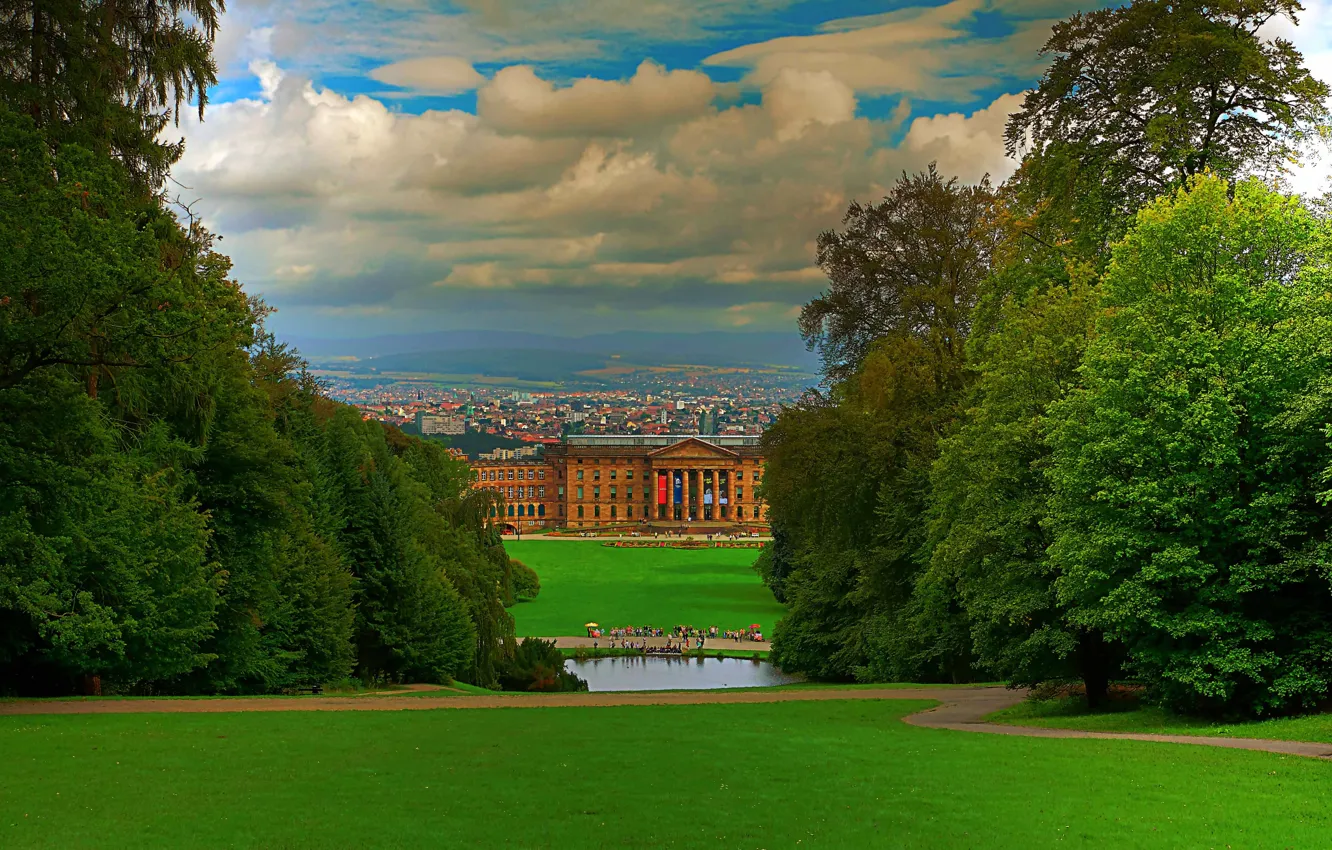 Photo wallpaper the sky, grass, clouds, trees, the city, Park, people, home