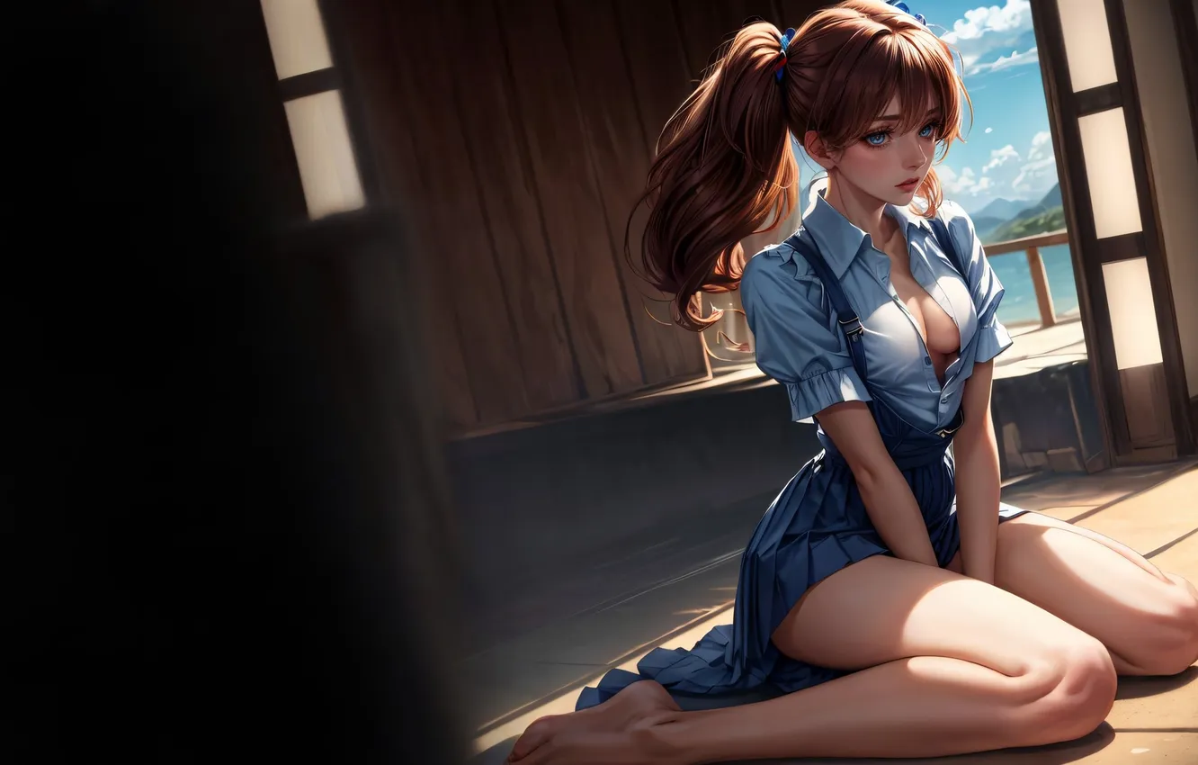 Photo wallpaper girl, shirt, skirt, neckline, AI Art