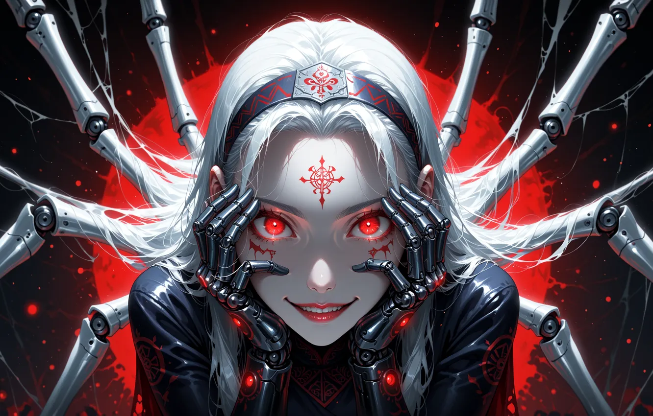 Photo wallpaper girl, fantasy, red eyes, artwork, Spider, fantasy art, white hair, Arachnid