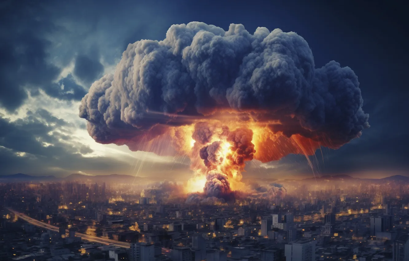 Photo wallpaper the explosion, the city, mushrooms, home, destruction, a nuclear explosion, digital art, nuclear weapons