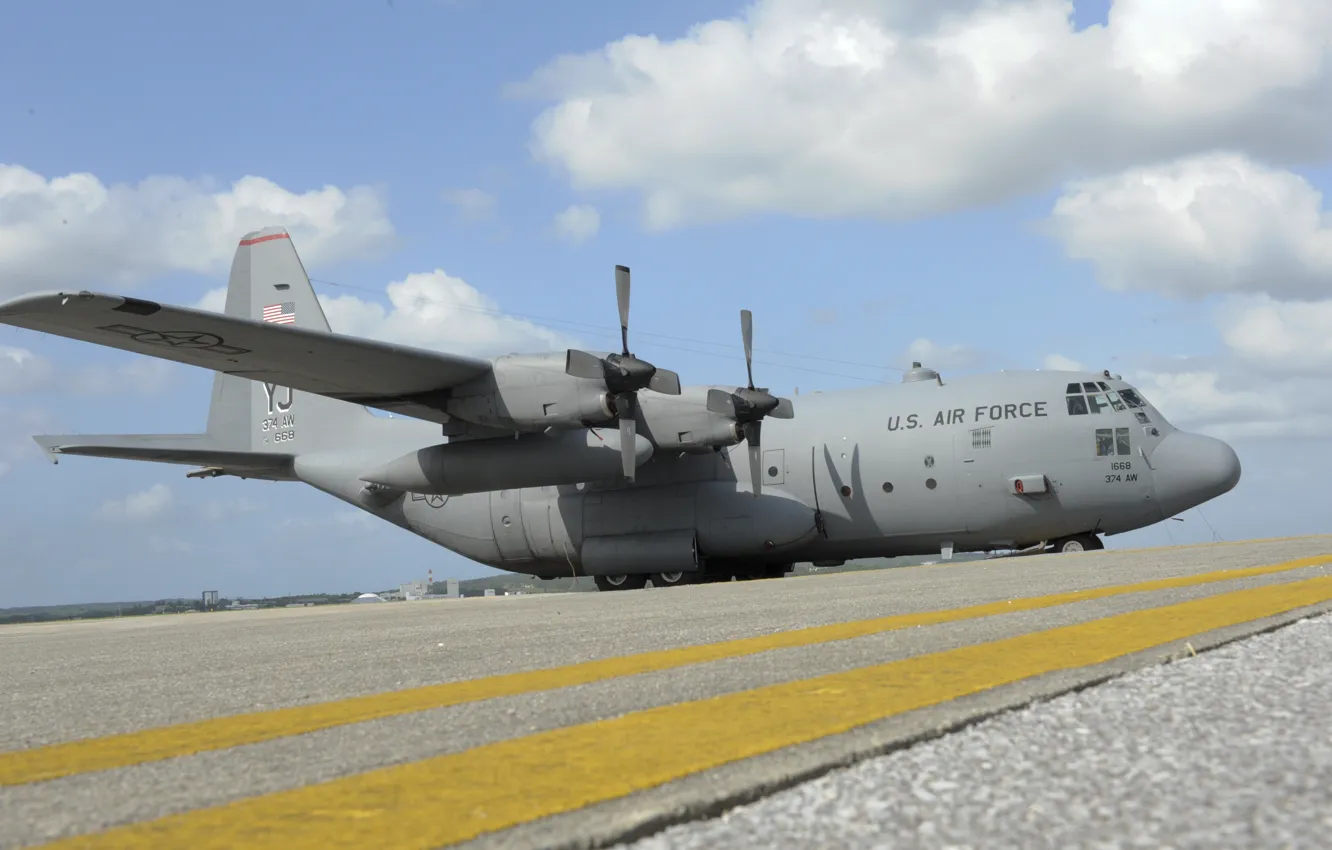 Photo wallpaper clouds, the plane, the airfield, Lockheed, military transport, Hercules, C-130, US Air Force