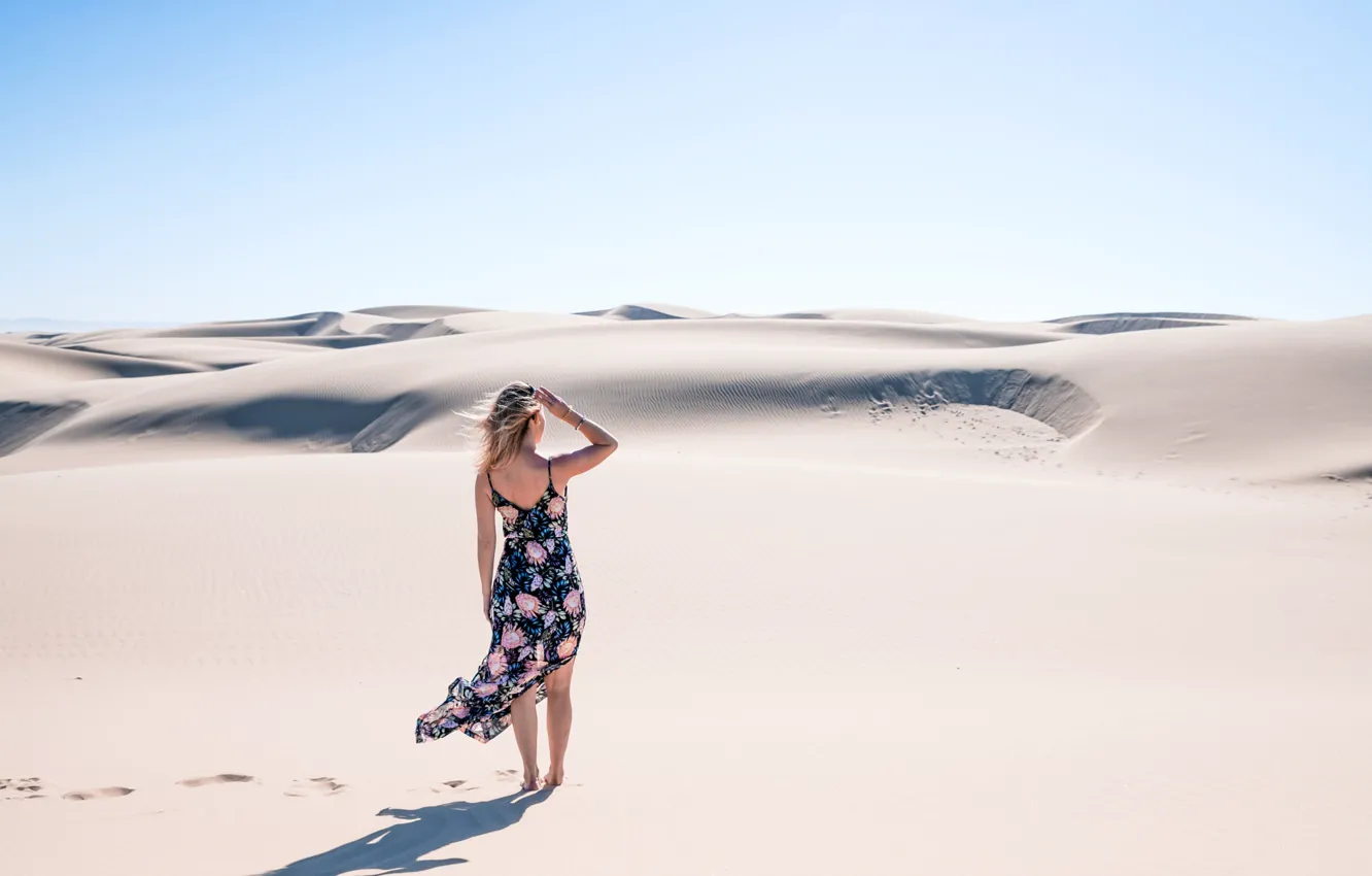 Photo wallpaper sand, the sky, girl, the sun, nature, the dunes, pose, desert
