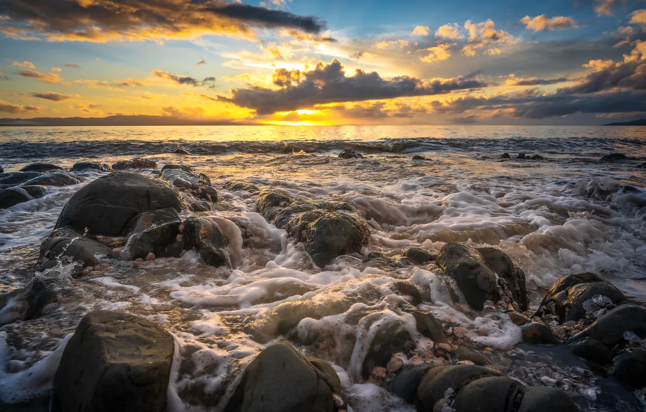 Photo wallpaper sea, clouds, sunset, stones