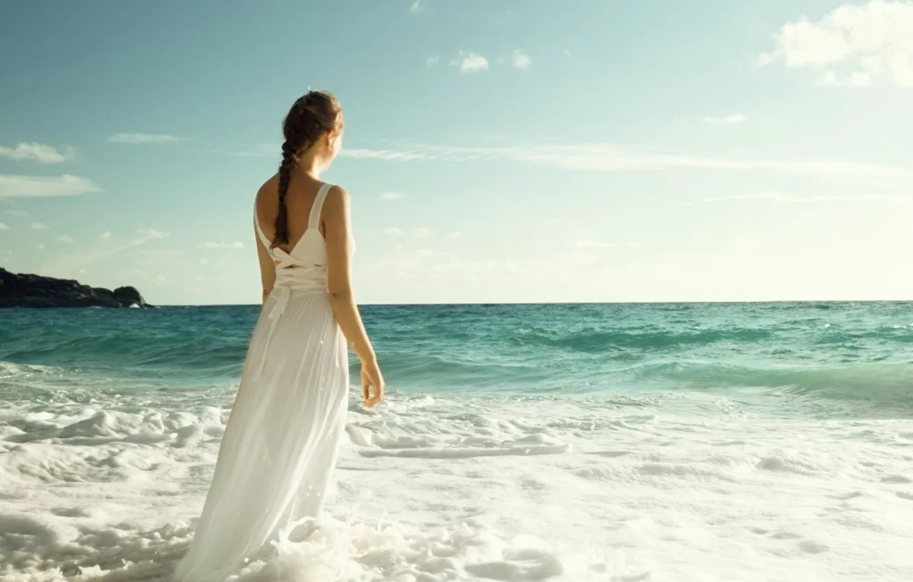Photo wallpaper sea, wave, beach, summer, girl, white dress