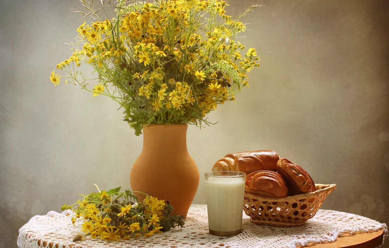 Photo wallpaper flowers, glass, table, chamomile, milk, vase, still life, muffin