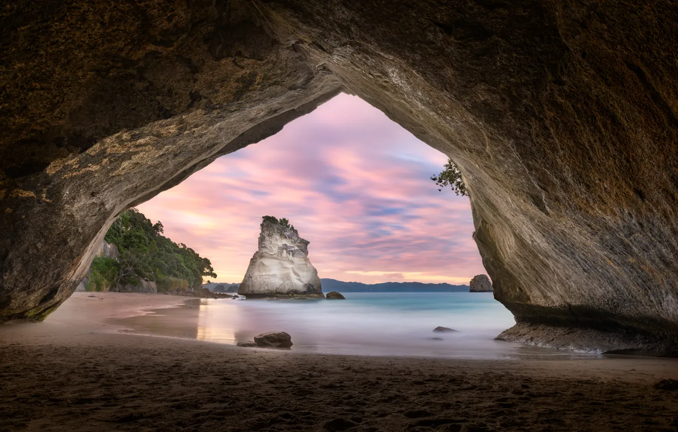 Photo wallpaper sea, beach, landscape, sunset, nature, rock, New Zealand, arch
